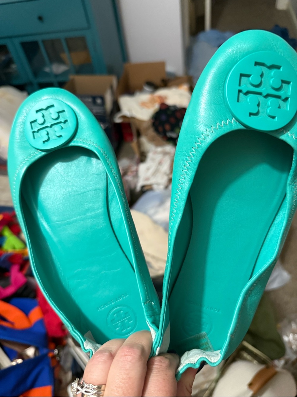 Tory Burch Teal Leather Logo Reva Ballet Flats